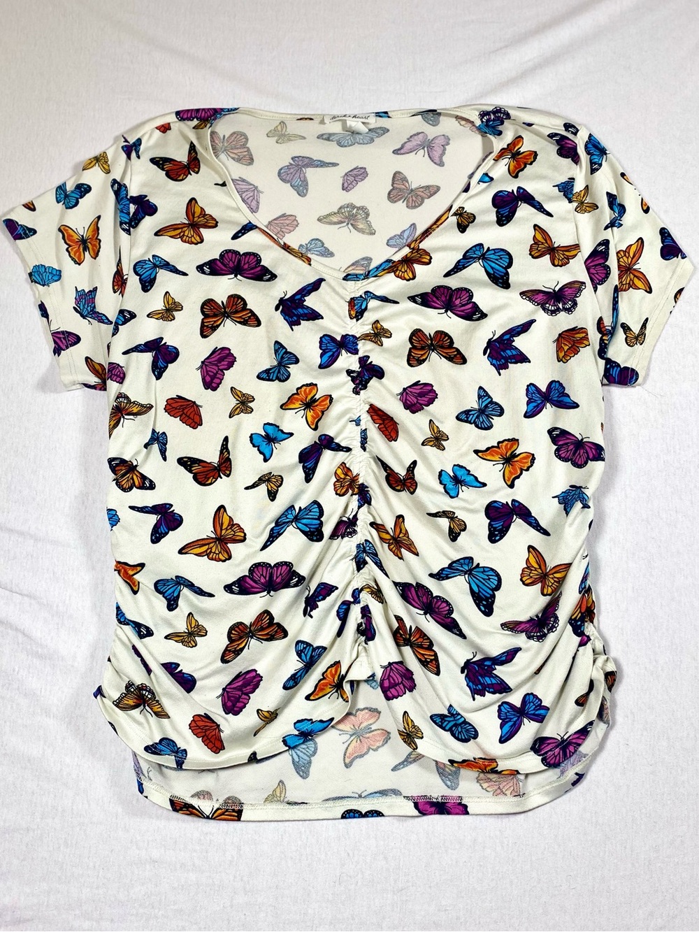 Derek Heart White Multicolor Butterfly Ruched V-Neck Short Sleeve Blouse 2X